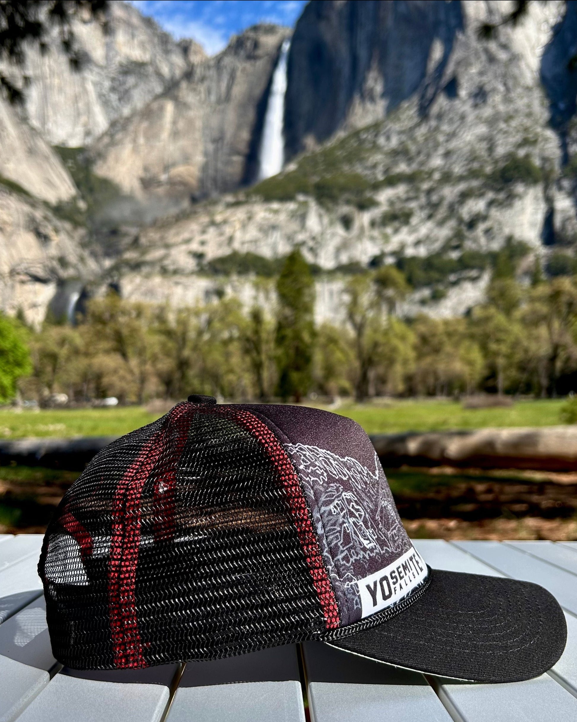 Side view of the Yosemite Falls trucker hat | HikerSight brand