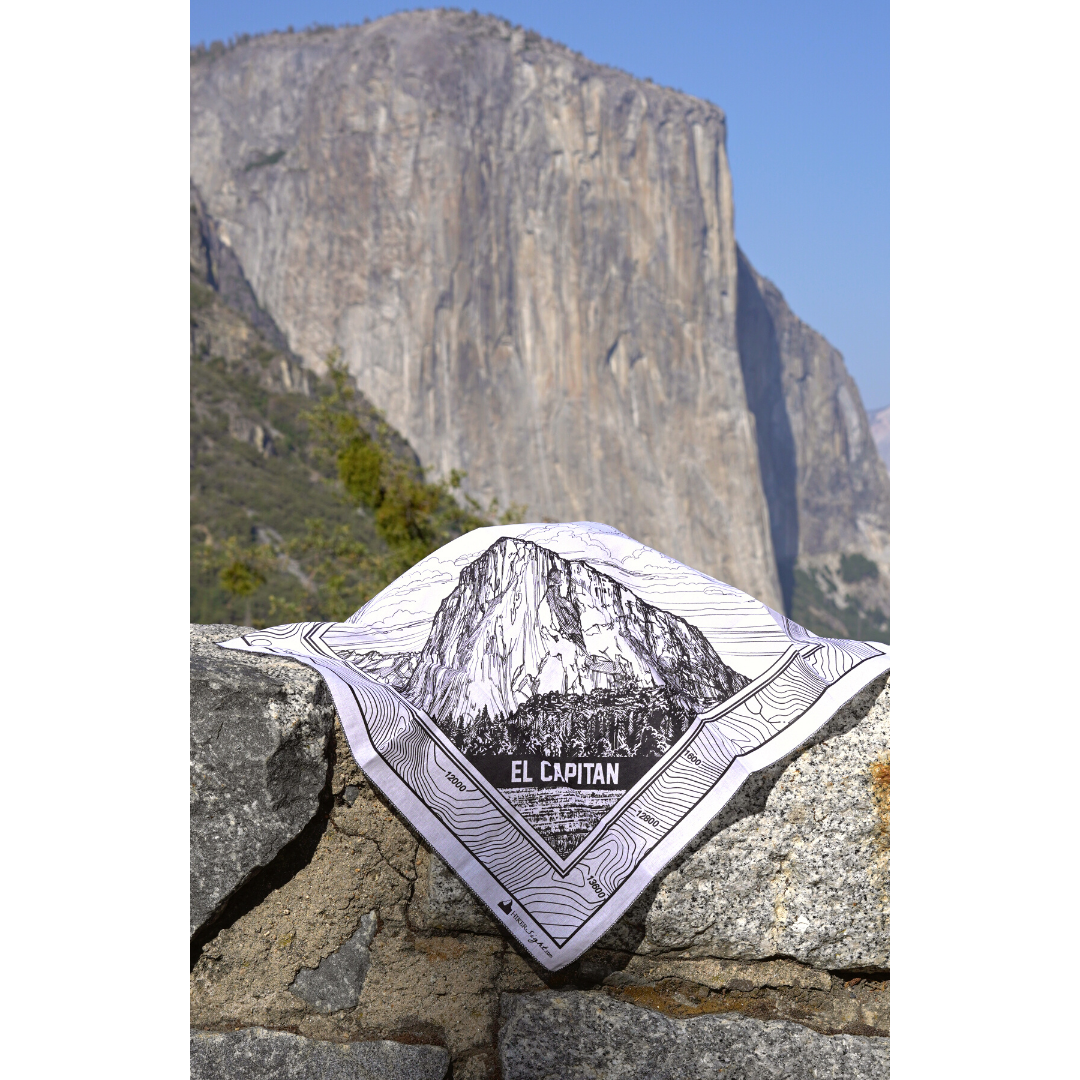 El Capitan bandana in front of El Capitan Mountain