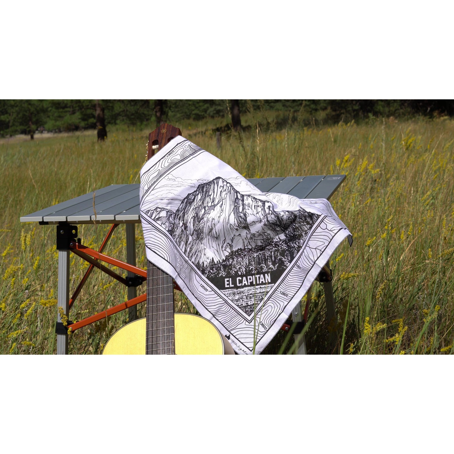 El Capitan bandana against a camp table