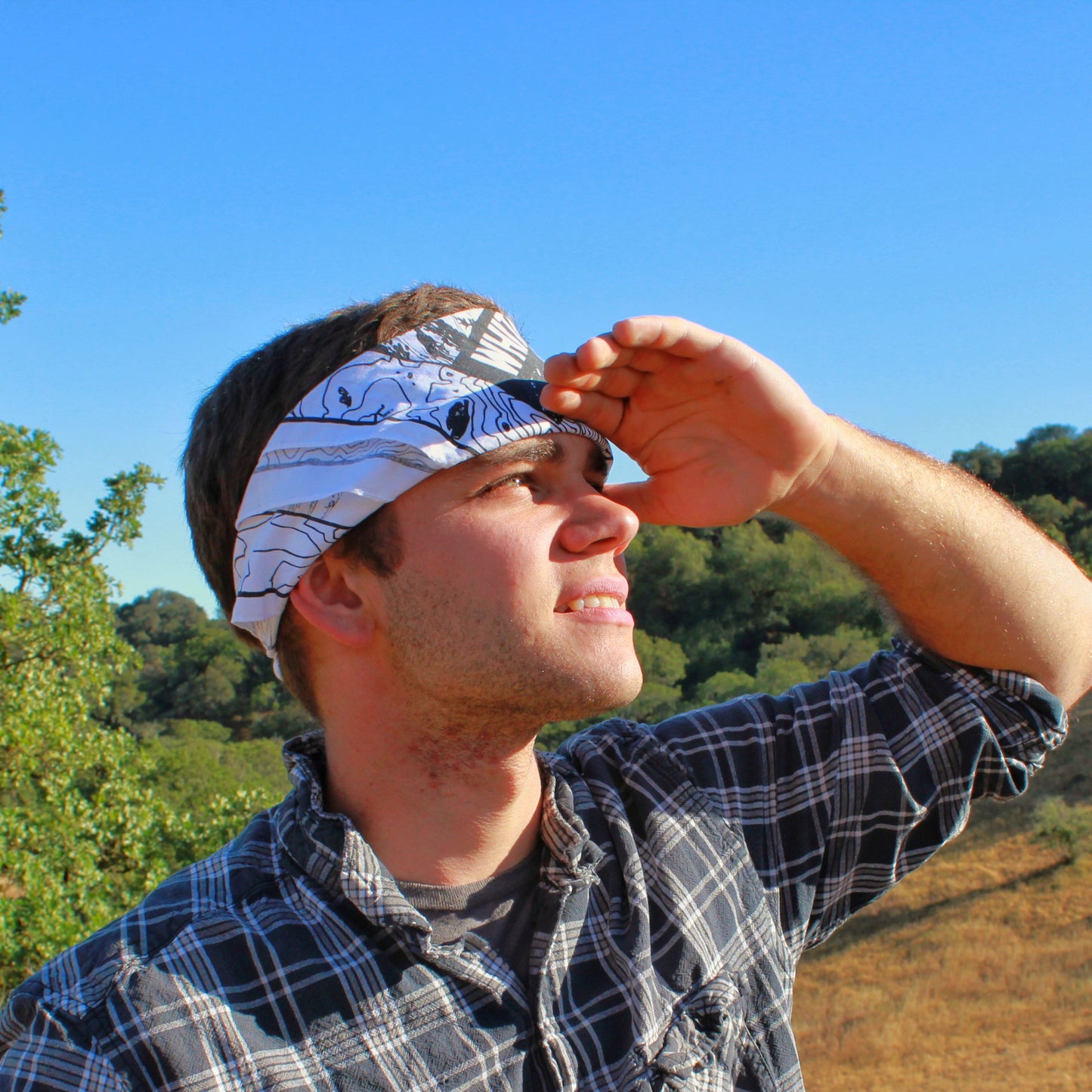 Mount Whitney bandanna worn as a headband on a man | Hiker Sight