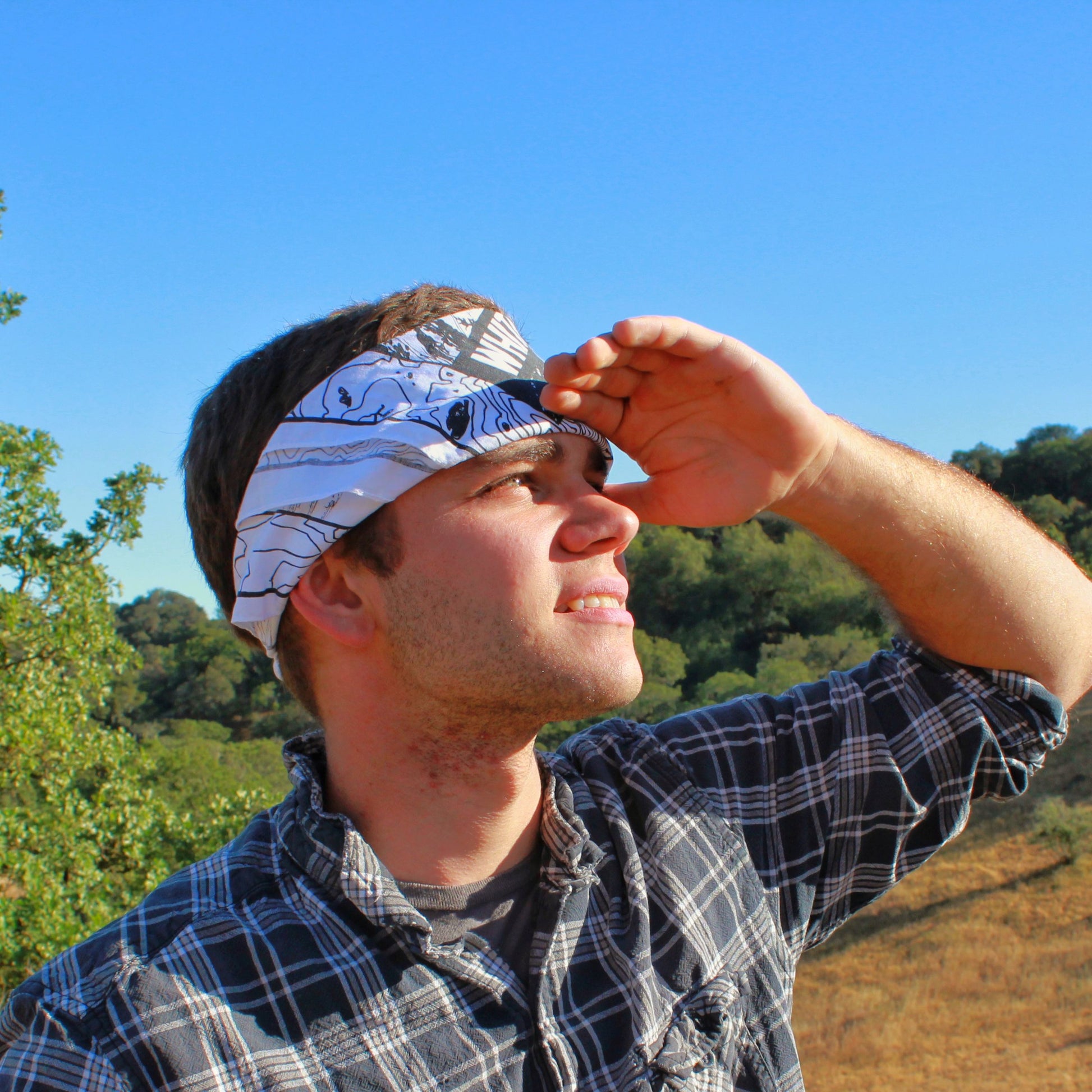 Mount Whitney bandanna worn as a headband on a man | Hiker Sight